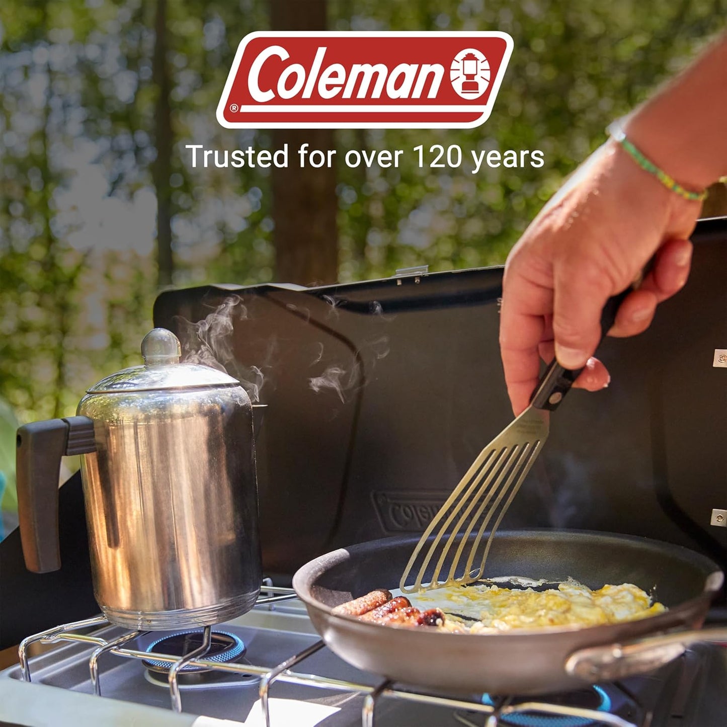 Coleman Triton+ 2-Burner Propane Camping Stove with InstaStart Ignition, Portable Camping Cooktop with 2 Adjustable Burners & Wind Guards, 22,000 BTUs of Power for Camping, Tailgating, Grilling