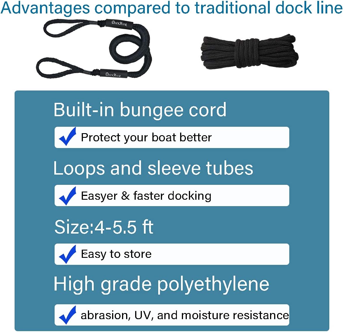 Pack of 4 Bungee Dock Lines for Boat Shock Absorb Dock Tie Mooring Rope Boat Accessories 4-5.5 ft
