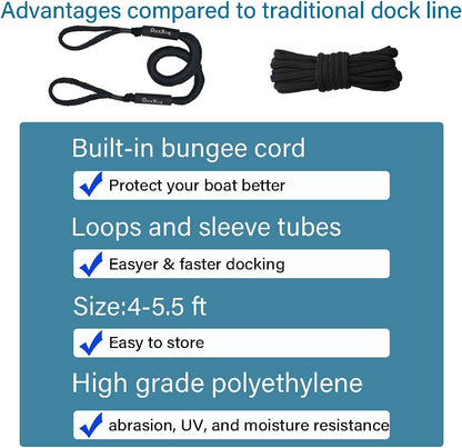 Pack of 4 Bungee Dock Lines for Boat Shock Absorb Dock Tie Mooring Rope Boat Accessories 4-5.5 ft