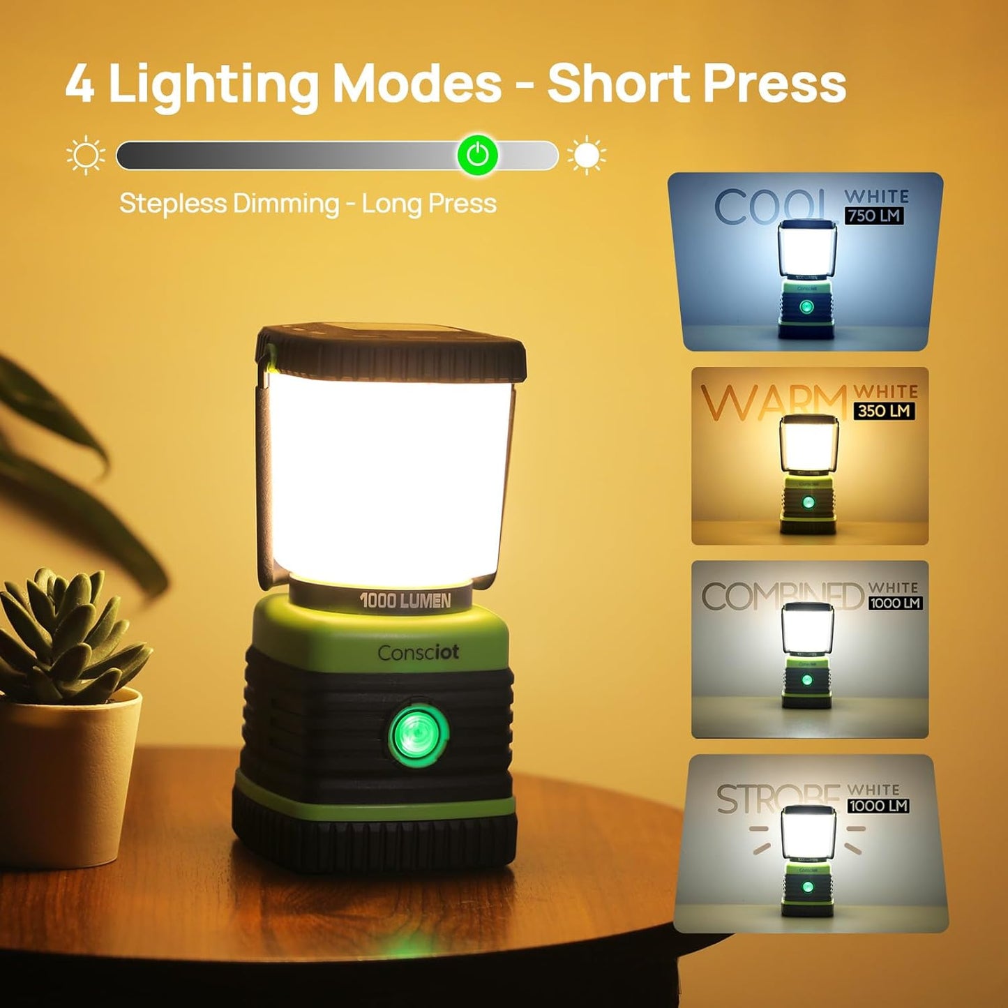 Consciot LED Battery Powered Camping Lantern, 1000LM, 4 Light Modes, IPX4 Waterproof Portable Tent Flashlight for Power Outages, Emergency, Hurricane, Hiking, Light Green, 2-Pack