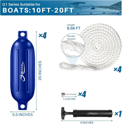 Boat Fenders 4 Pack 5.5 x 20 Inches Ribbed Twin Eyes Boat Fenders Bumpers for Docking, Comes with Ropes and Pump to Inflate