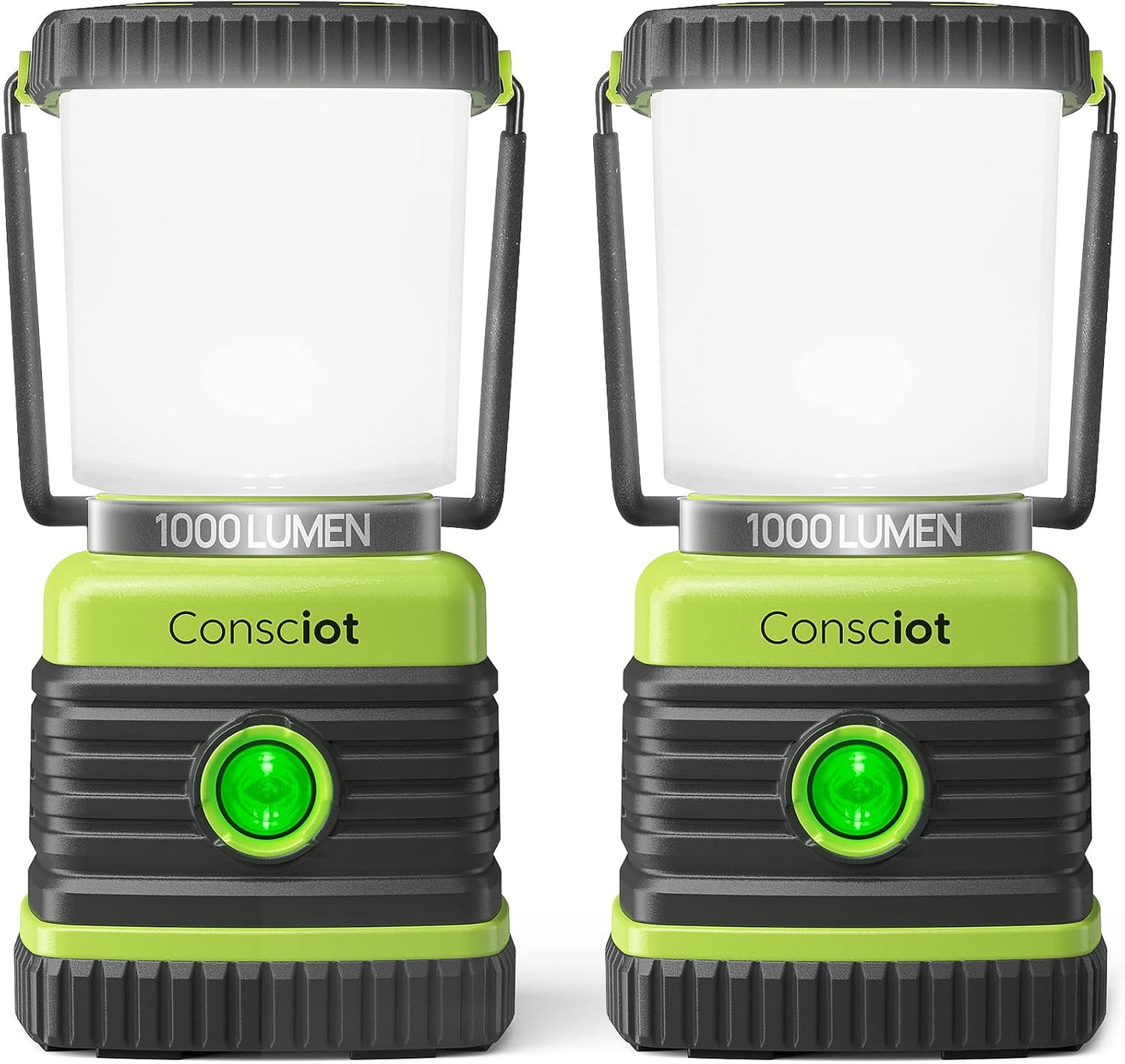 Consciot LED Battery Powered Camping Lantern, 1000LM, 4 Light Modes, IPX4 Waterproof Portable Tent Flashlight for Power Outages, Emergency, Hurricane, Hiking, Light Green, 2-Pack
