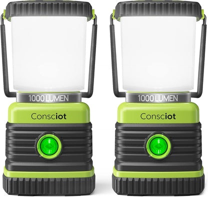 Consciot LED Battery Powered Camping Lantern, 1000LM, 4 Light Modes, IPX4 Waterproof Portable Tent Flashlight for Power Outages, Emergency, Hurricane, Hiking, Light Green, 2-Pack