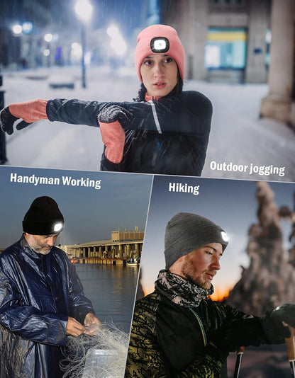MELASA Unisex Hat with Light, USB Rechargeable Hands Free Headlamp LED Beanie, Winter Gifts for Men Dad Father Husband Him