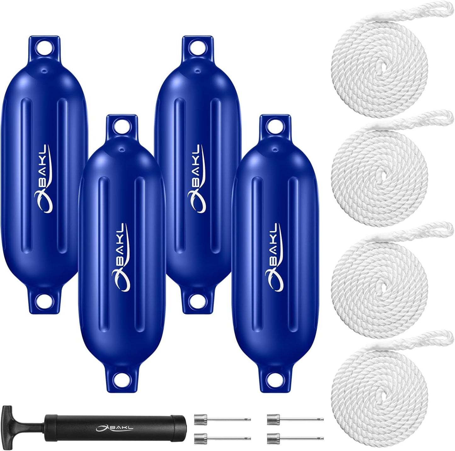Boat Fenders 4 Pack 5.5 x 20 Inches Ribbed Twin Eyes Boat Fenders Bumpers for Docking, Comes with Ropes and Pump to Inflate