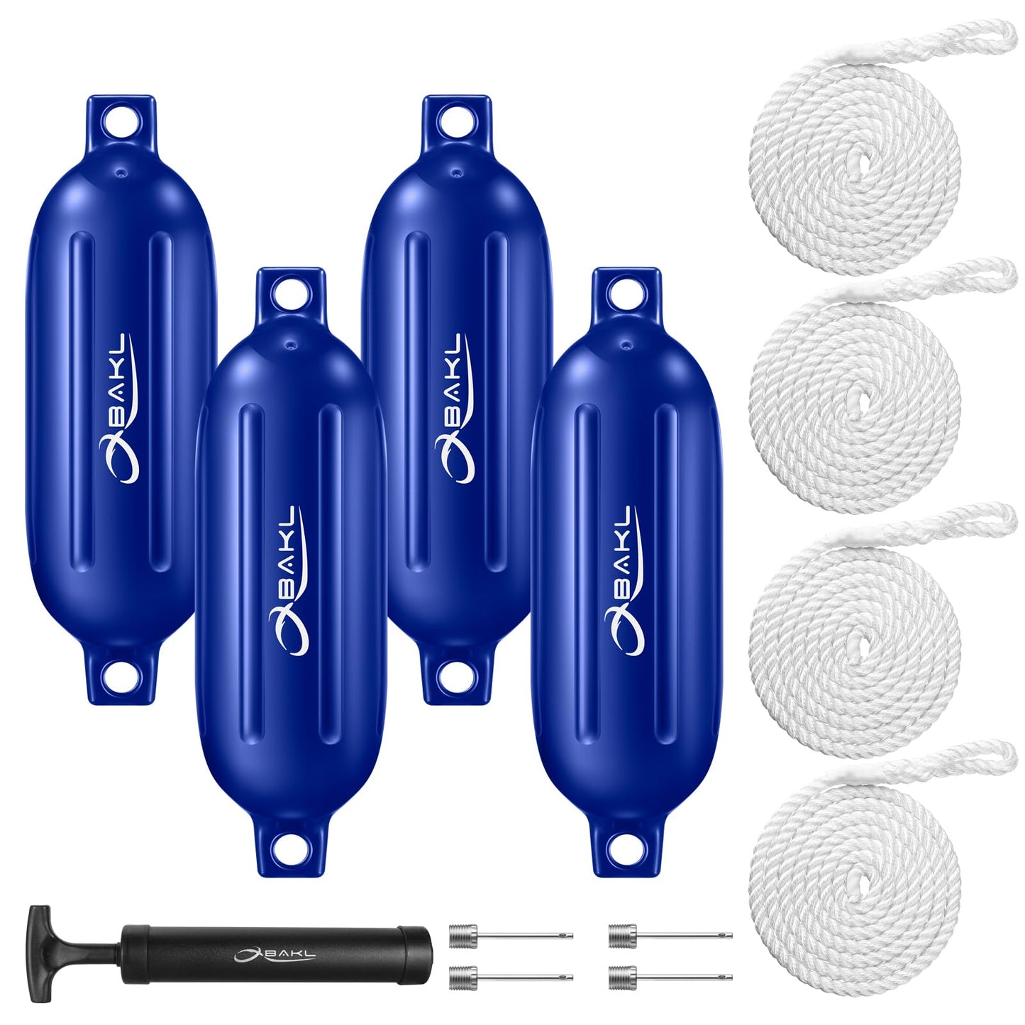 Boat Fenders 4 Pack 5.5 x 20 Inches Ribbed Twin Eyes Boat Fenders Bumpers for Docking, Comes with Ropes and Pump to Inflate