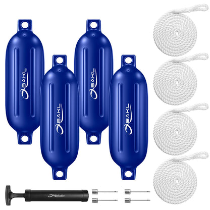 Boat Fenders 4 Pack 5.5 x 20 Inches Ribbed Twin Eyes Boat Fenders Bumpers for Docking, Comes with Ropes and Pump to Inflate