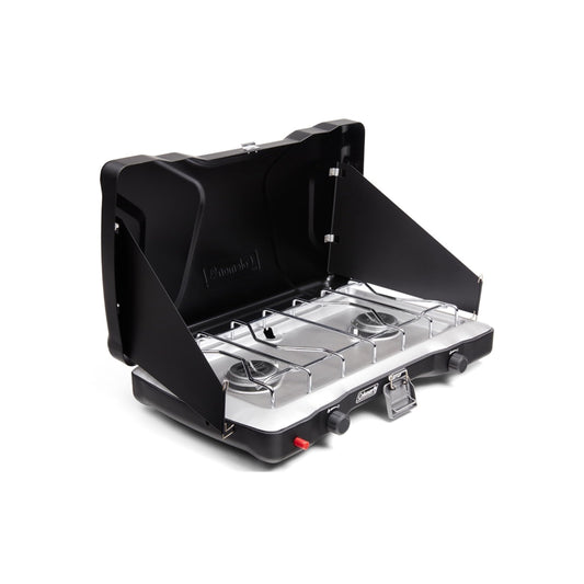 Coleman Triton+ 2-Burner Propane Camping Stove with InstaStart Ignition, Portable Camping Cooktop with 2 Adjustable Burners & Wind Guards, 22,000 BTUs of Power for Camping, Tailgating, Grilling