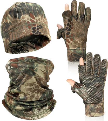Janmercy 3 Pcs Camouflage Hunting Gloves Beanie and Scarf Set for Men Women Cold Weather Hunting Accessories