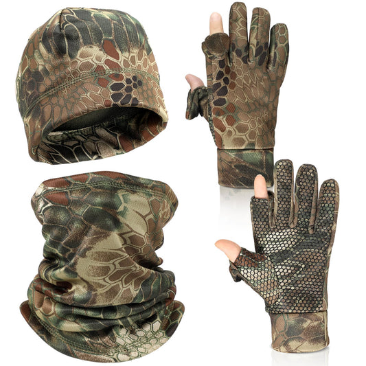 Janmercy 3 Pcs Camouflage Hunting Gloves Beanie and Scarf Set for Men Women Cold Weather Hunting Accessories