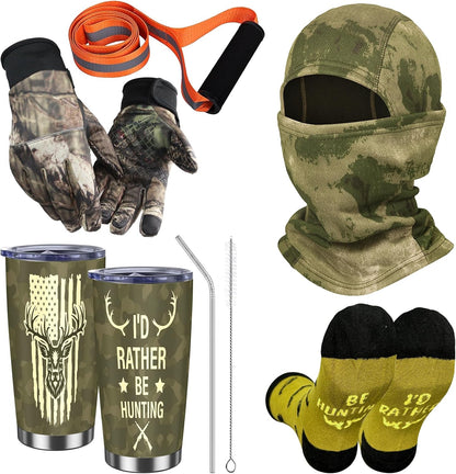 5 Pcs Hunter's Gifts Hunting Essentials Include Balaclava Face Mask Hunting Socks Gloves Tumbler Deer Drag Rope with Harness for Dad Husband Men's Hunting Accessories Fathers Day Birthday Gift
