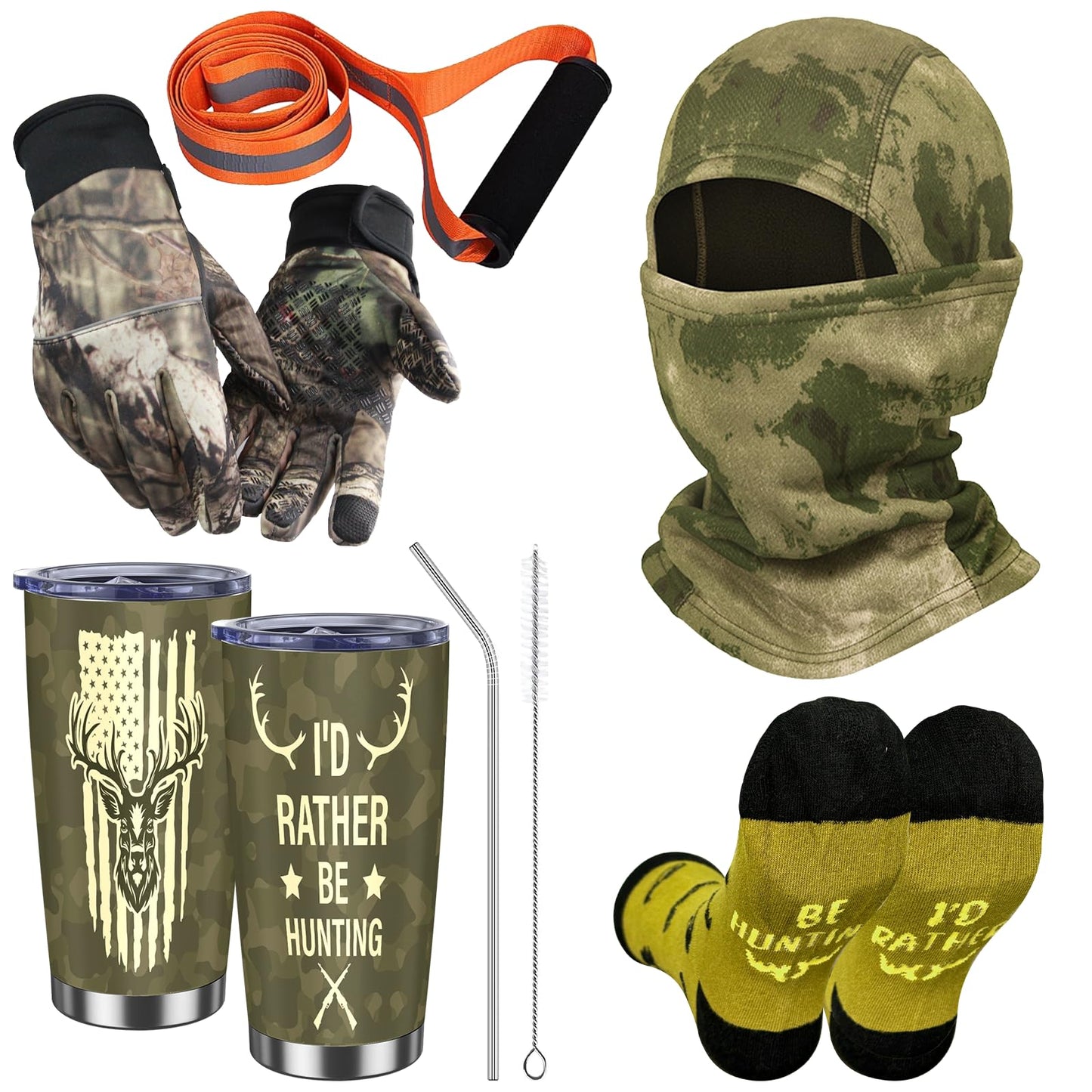 5 Pcs Hunter's Gifts Hunting Essentials Include Balaclava Face Mask Hunting Socks Gloves Tumbler Deer Drag Rope with Harness for Dad Husband Men's Hunting Accessories Fathers Day Birthday Gift