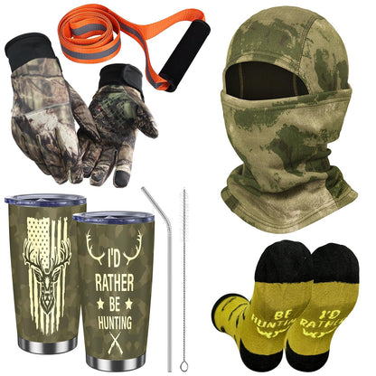 5 Pcs Hunter's Gifts Hunting Essentials Include Balaclava Face Mask Hunting Socks Gloves Tumbler Deer Drag Rope with Harness for Dad Husband Men's Hunting Accessories Fathers Day Birthday Gift