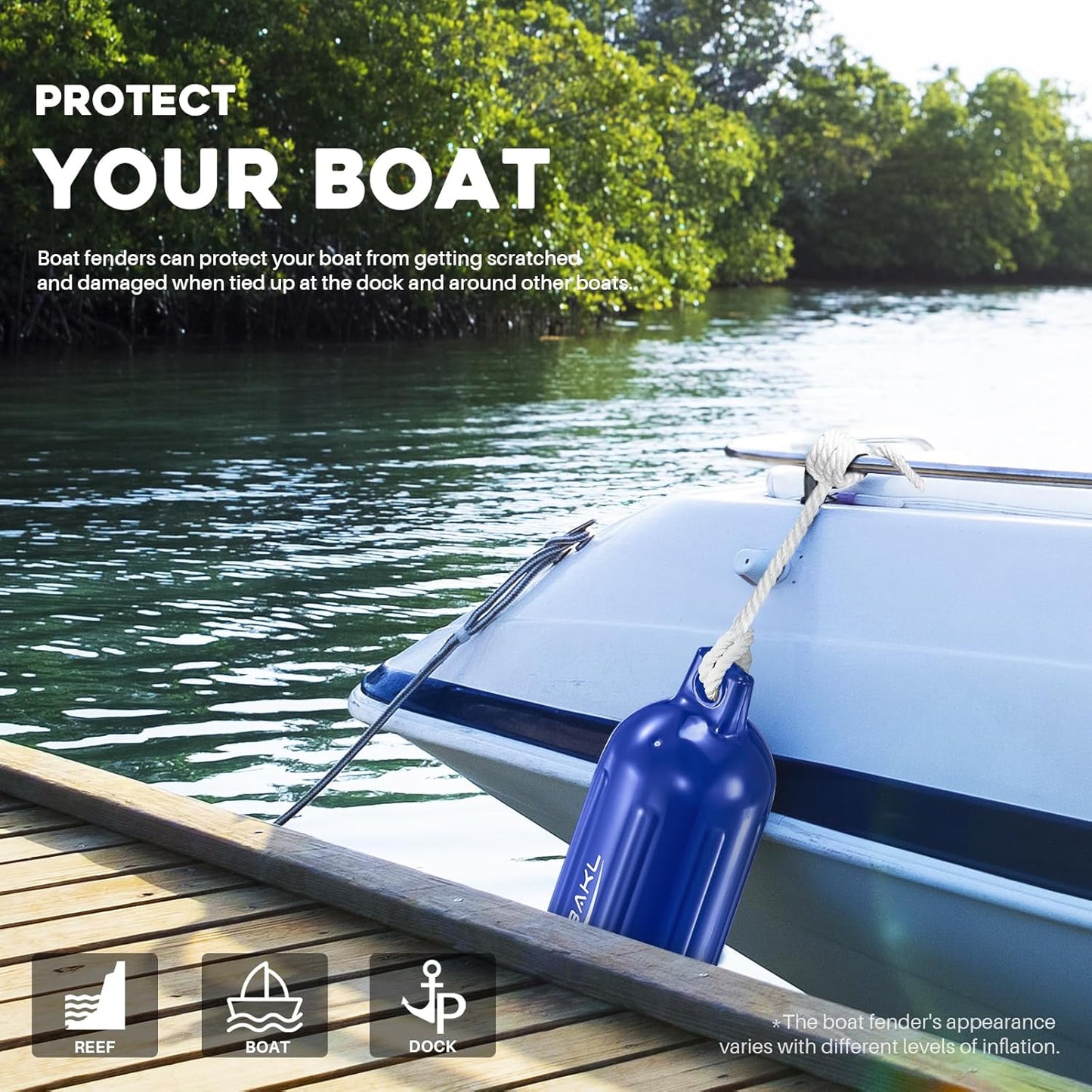 Boat Fenders 4 Pack 5.5 x 20 Inches Ribbed Twin Eyes Boat Fenders Bumpers for Docking, Comes with Ropes and Pump to Inflate