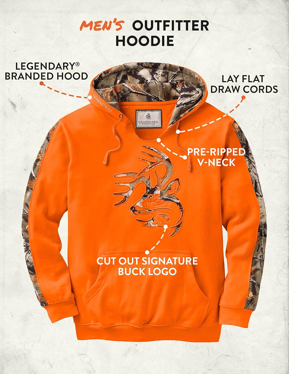 Legendary Whitetails Men’s Camo Hoodie Midweight V-Neck Design Pullover Sweatshirt