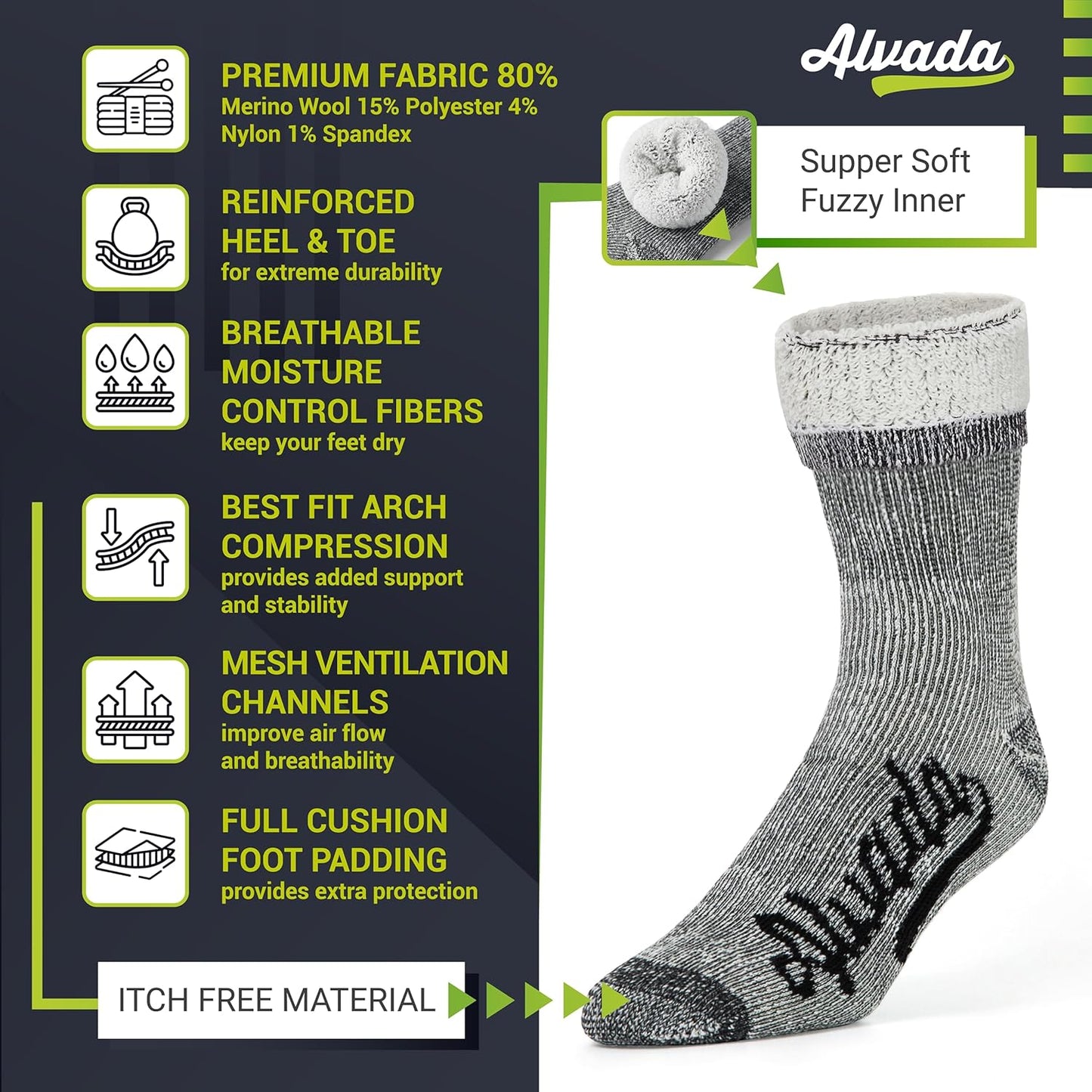 Alvada Merino Wool Hiking Socks Thermal Warm Crew Winter Boot Sock For Men & Women 3 Pairs